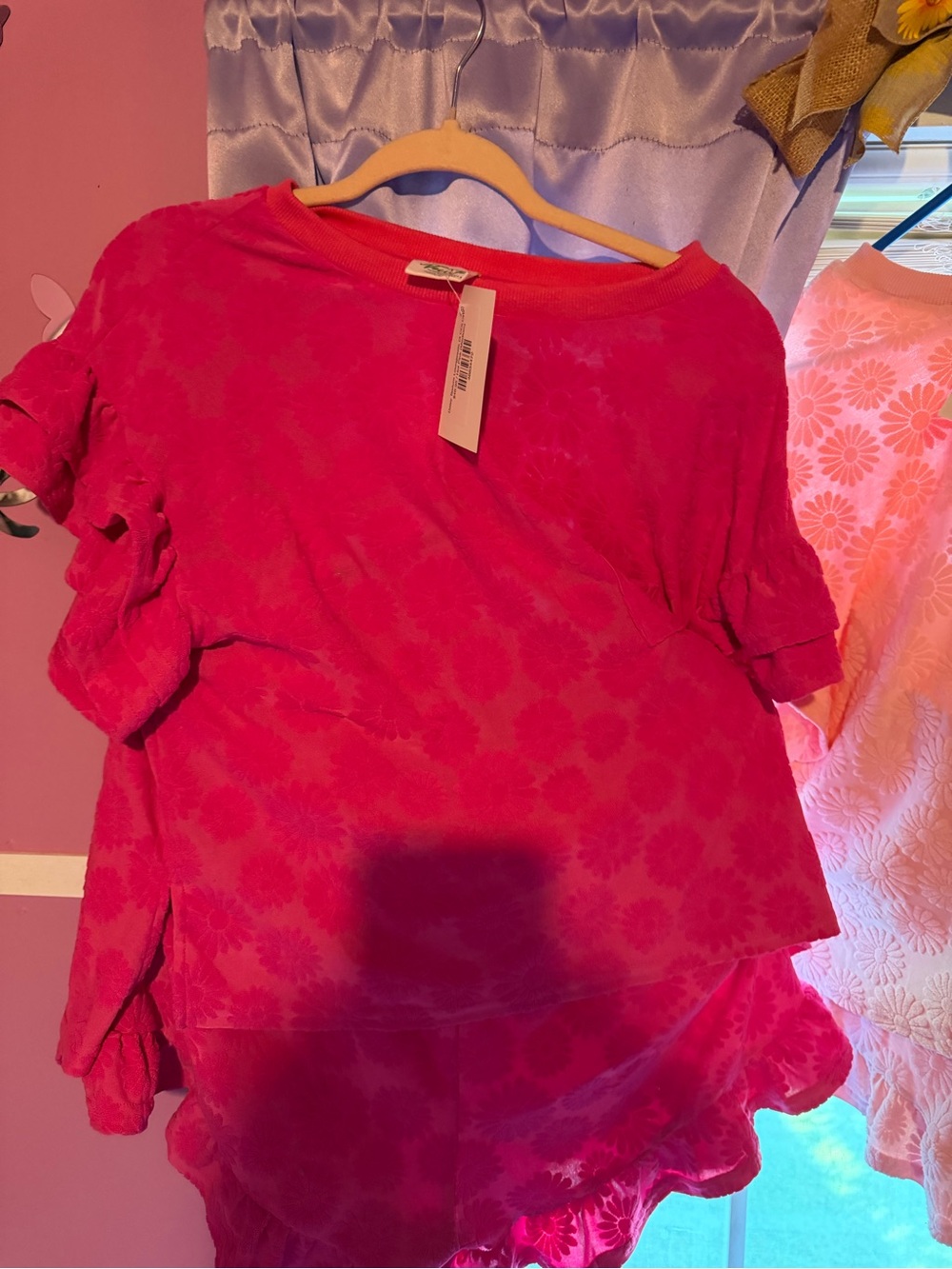 Unbranded Bright Pink Floral Tie-Dye Short Sleeve Top